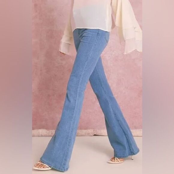 PLT Bell Bottom Flare Jeans Cutout Stretch High Rise Women’s 8 Light Wash Belted - Picture 1 of 7